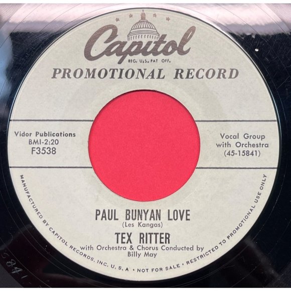 Tex Ritter The Last Wagon / Paul Bunyan Love 45 Country Promo Capitol F3538 - Picture 2 of 4